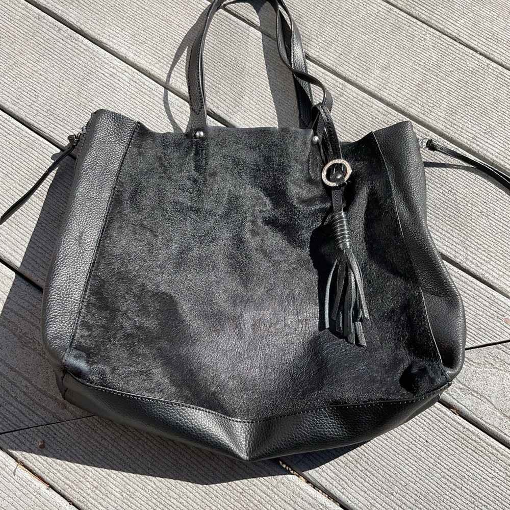 Sanctuary Black Leather & FurTote Bag with Tassel Accent